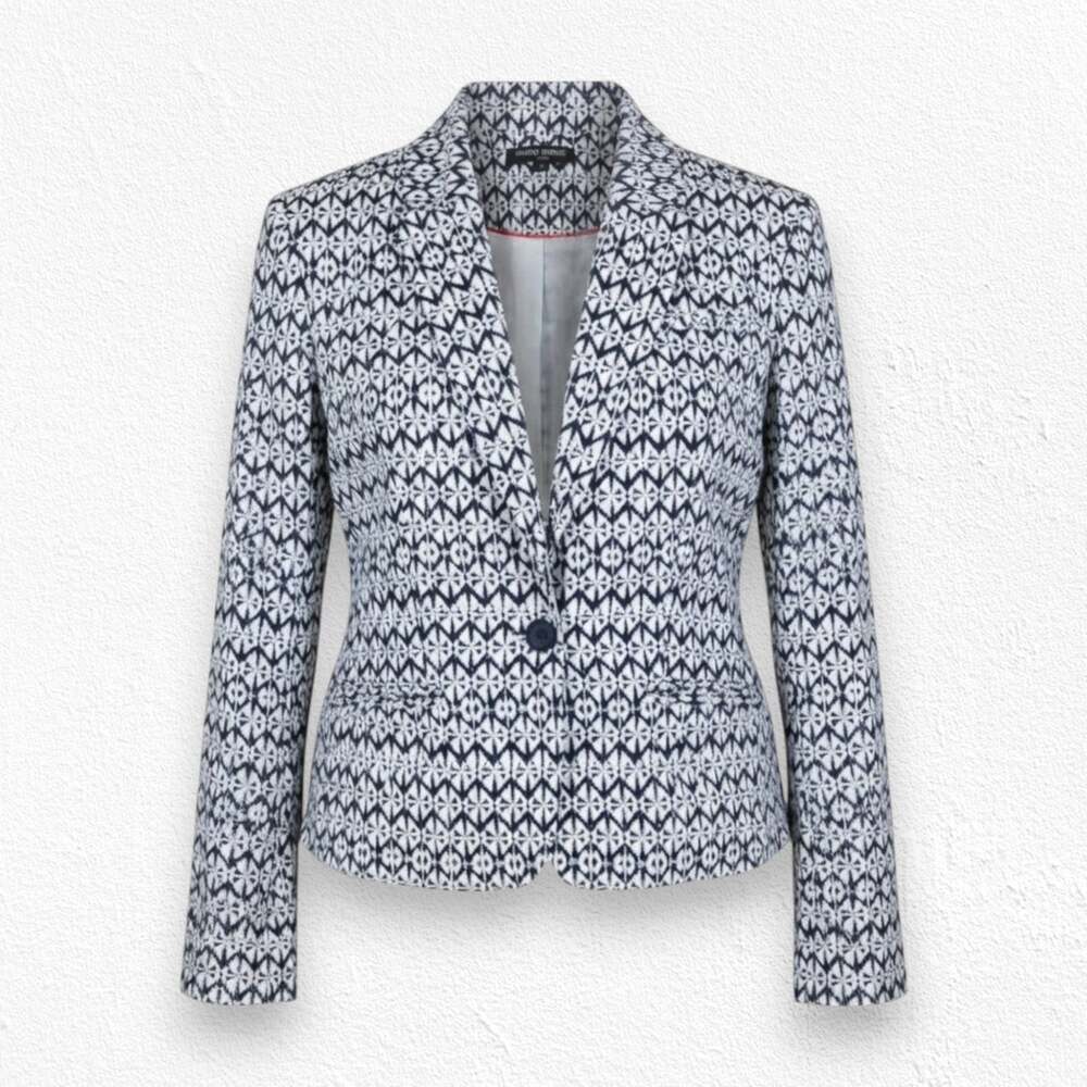 Mario Serrani Navy White Geometric Designer Luxe Crop Blazer Jacket Size 2